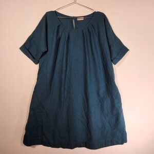 Magic Linen Pleated Mini Dress Teal Small Boho Lagenlook A-Line Oversized Tunic